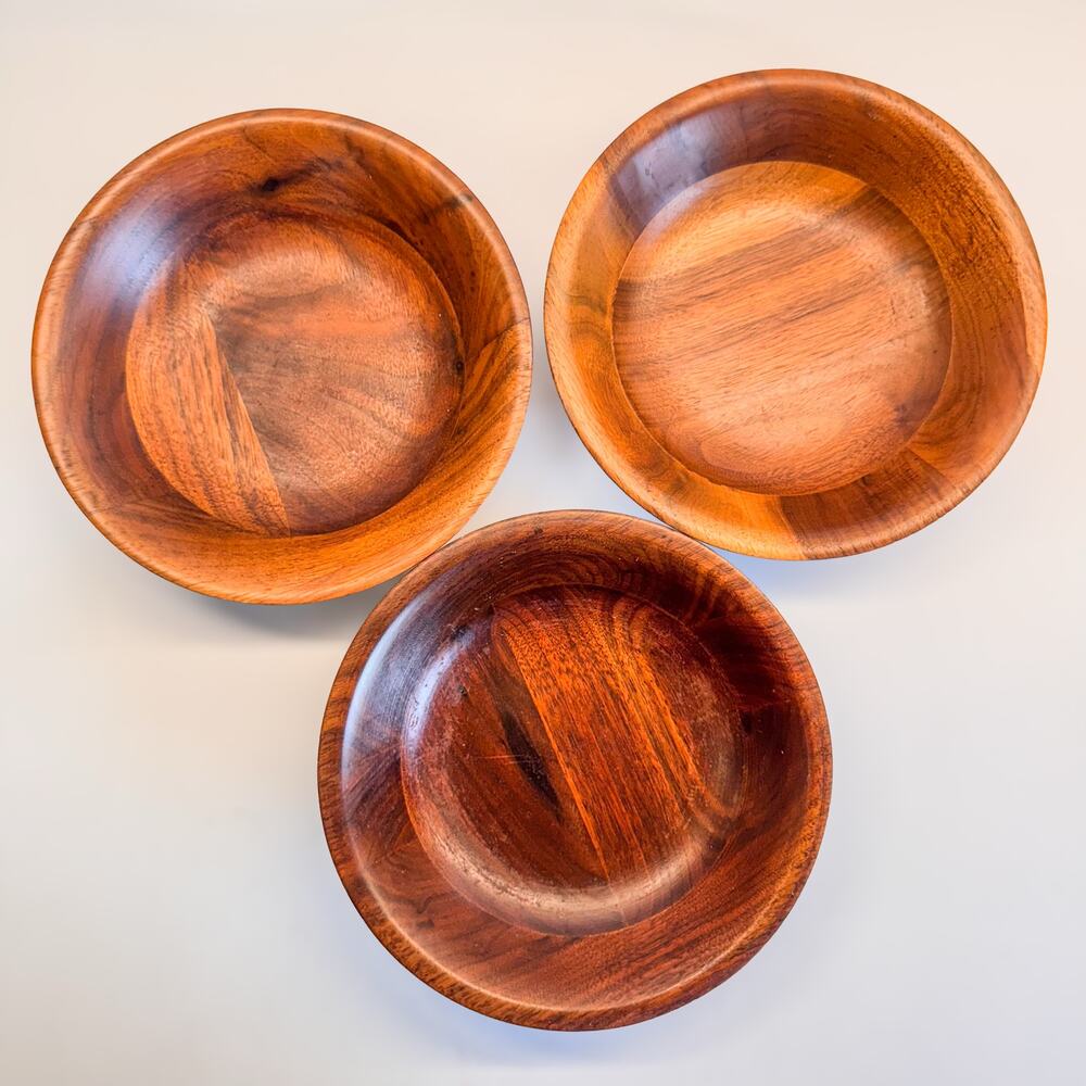 1960's Vermillion Walnut Salad and Fruit Bowls, Set of 3, 7"